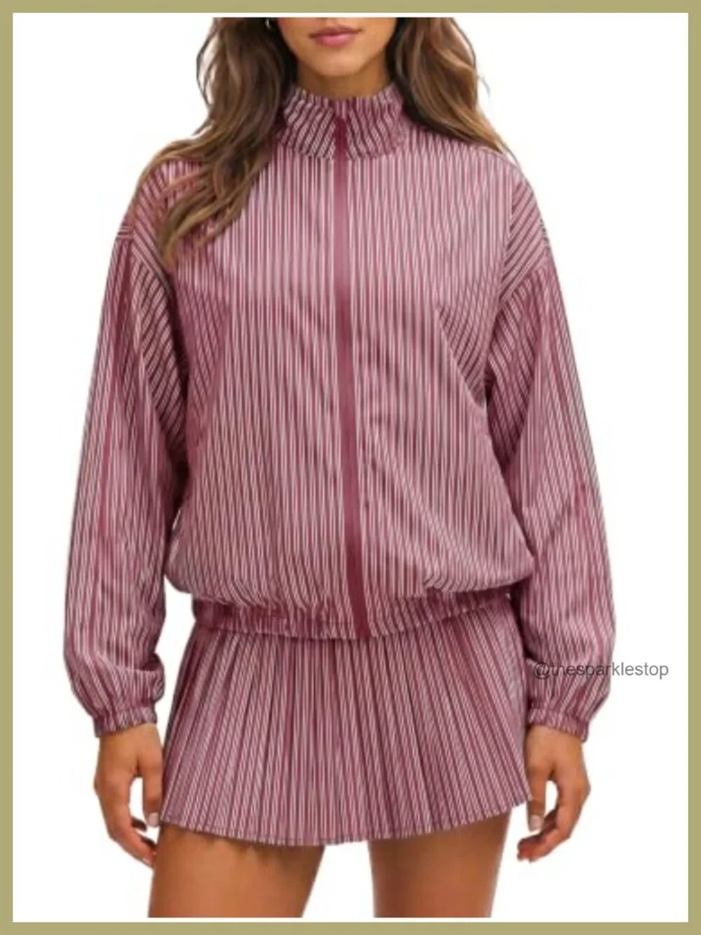 2 Piece Skirt Set Striped Stand Collar Zip Up Long Sleeve Athletic Tracksuit